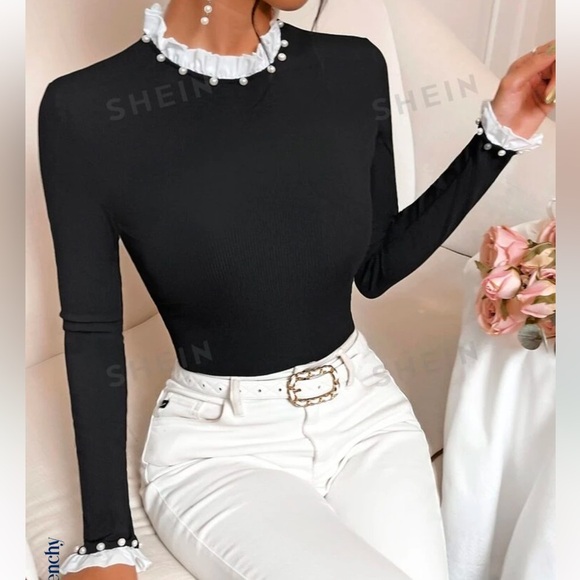 Lace Trim Pearls Beaded Ribbed Knit Tee - Picture 2 of 4